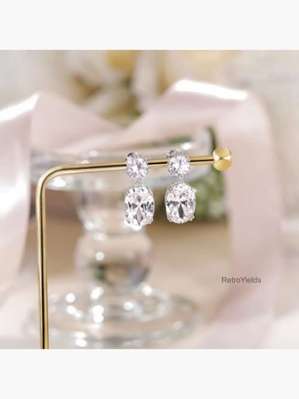 Cubic Zirconia Dangle Drop Oval Silver Post Bridal Prom Earrings - Picture 5 of 7